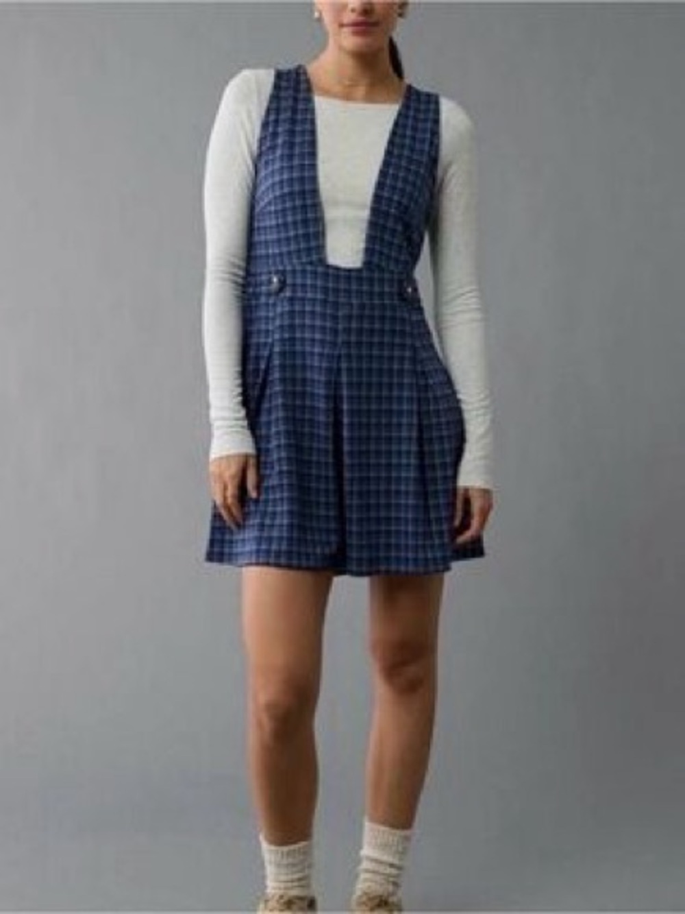 American Eagle Outfitters Blue Plaid Deep-V Pinafore Top